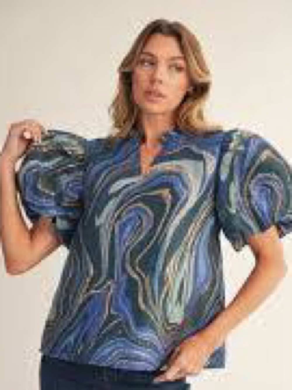 JODIFL Multi-Blue Swirl Puff-Sleeve Blouse